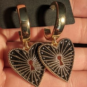 Sugarfix gold & black enamel pop art heart padlock dangle hoop huggie‎ earrings
